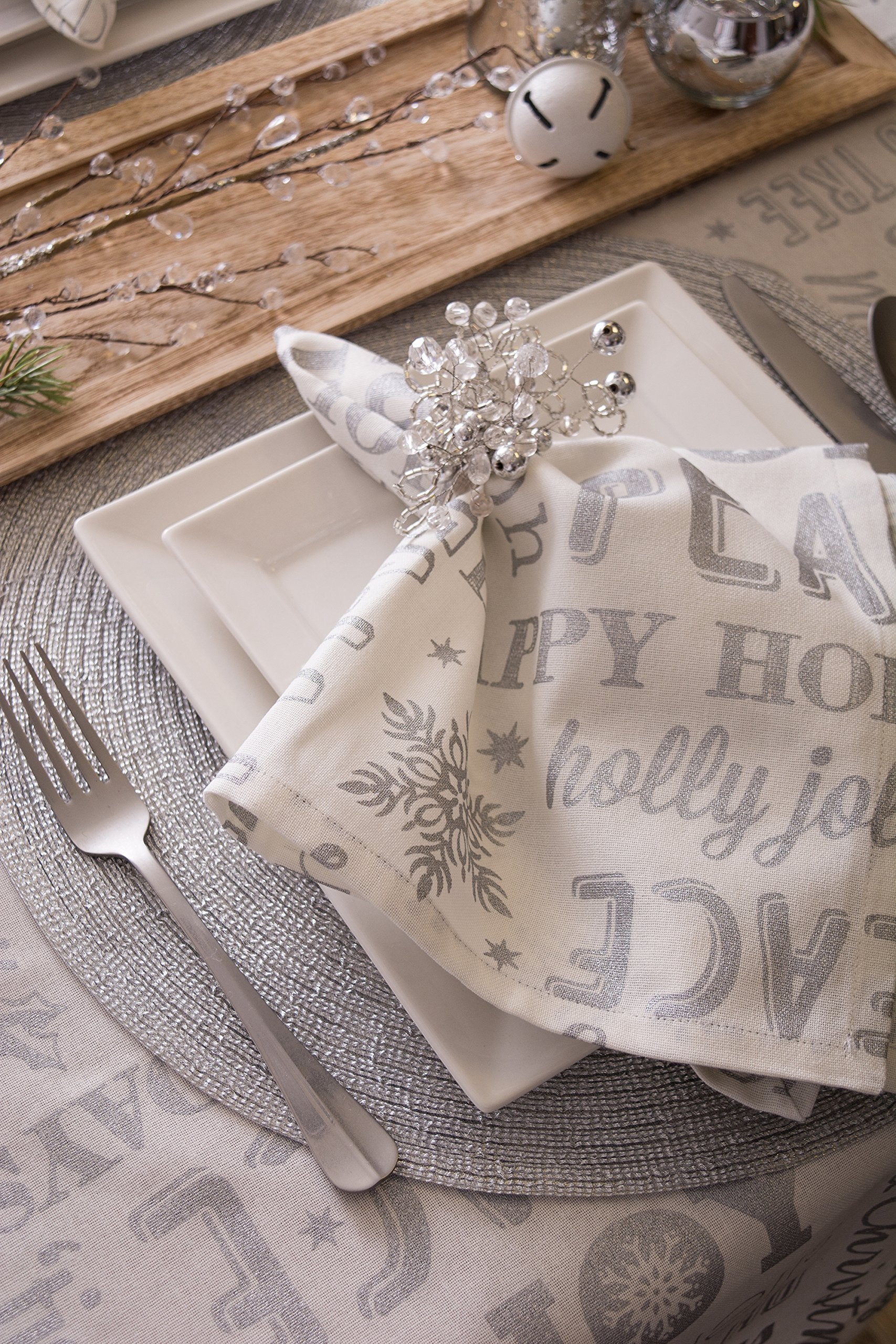 Dii Holiday Dining Table Linen Metallic Fabric Kitchen D  Cor, Christmas Tablecloth, 52X52, Silver Holiday Collage